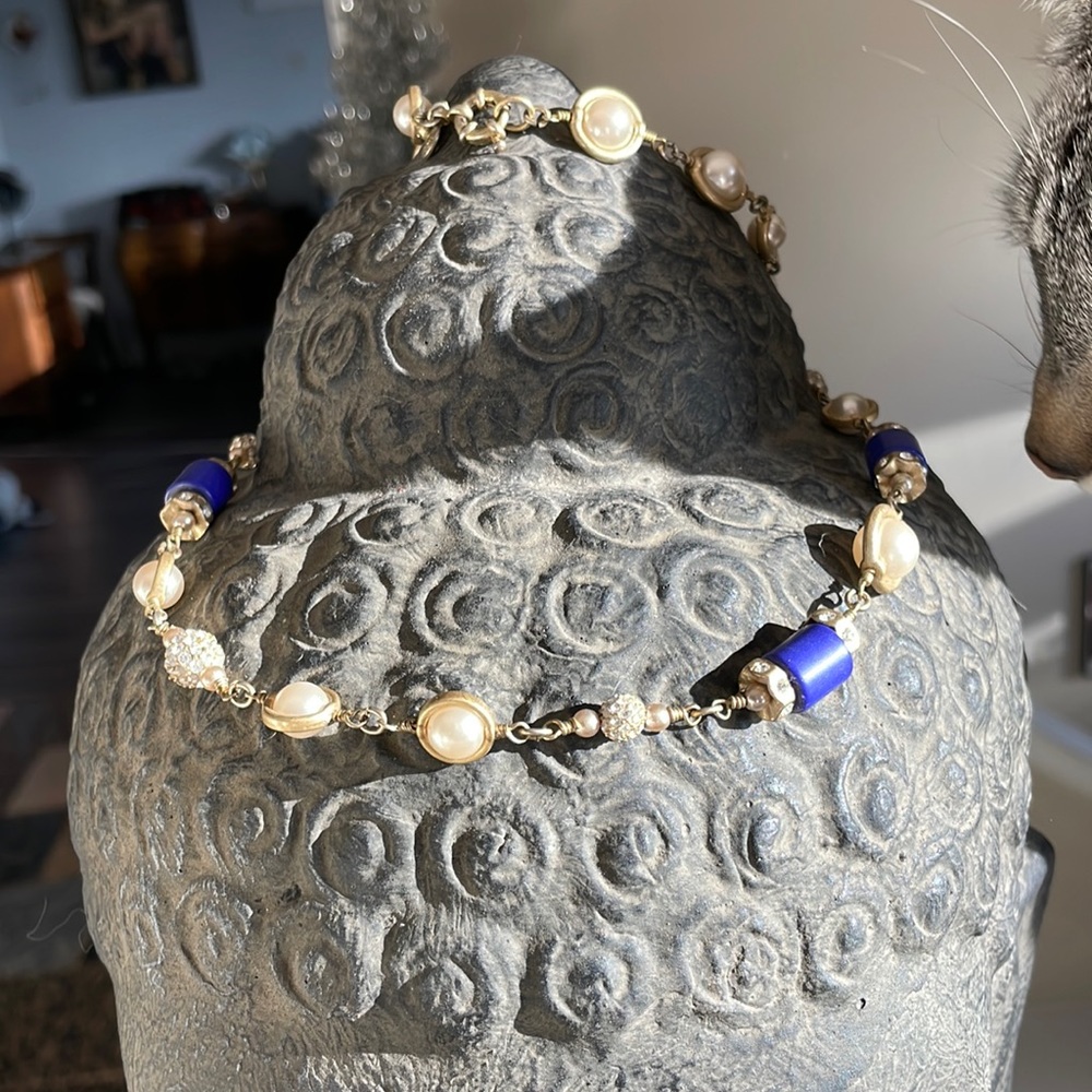 Jcrew, necklace. Blue accent, rhinestones, and faux pearls